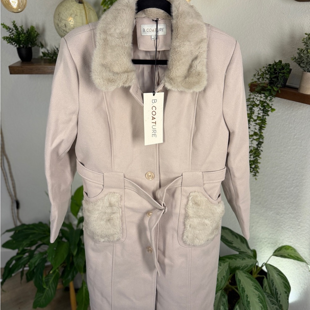 B. Coature Light Pink Coat with Faux Fur Accents